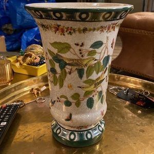 Crackle Glazed Vase White Green Birds Porcelain Vase China Vintage